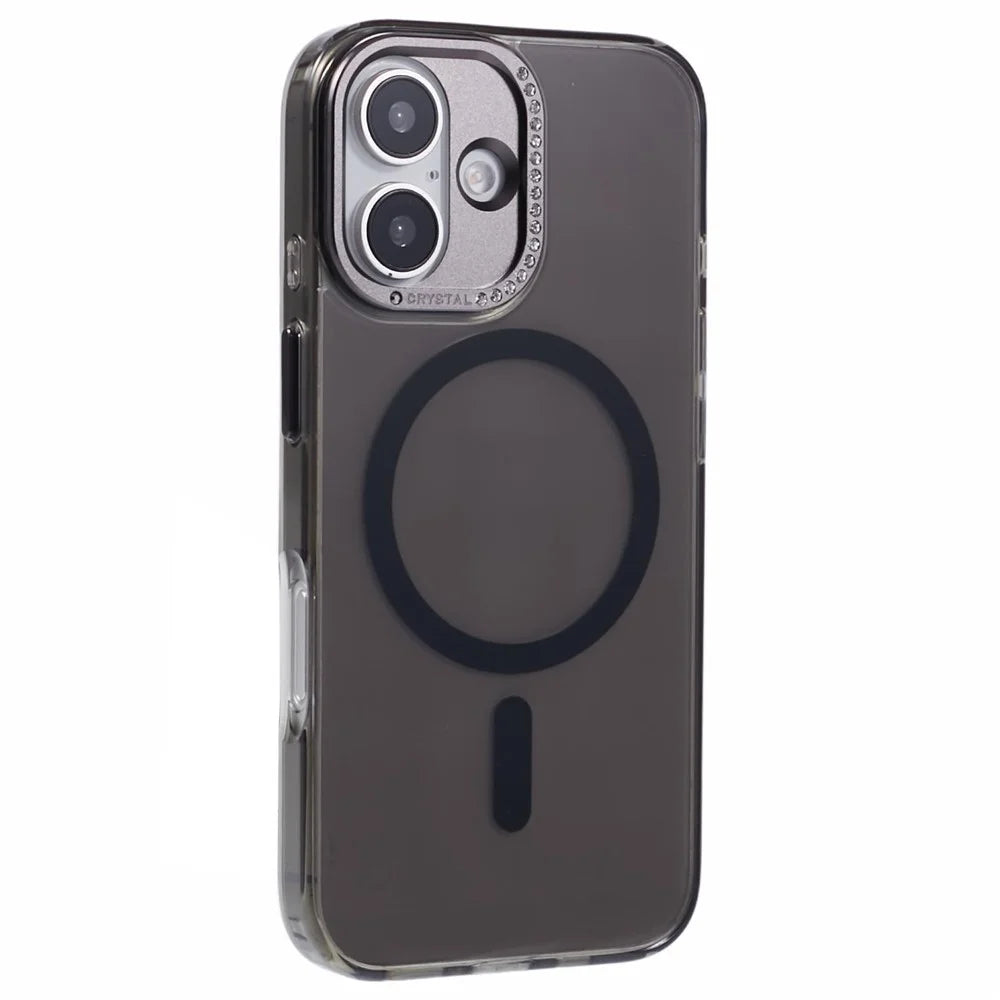 For iPhone 16 Case Compatible with MagSafe TPU+PC Phone Back Cover Rhinestone Decor - Transparent Black - 1