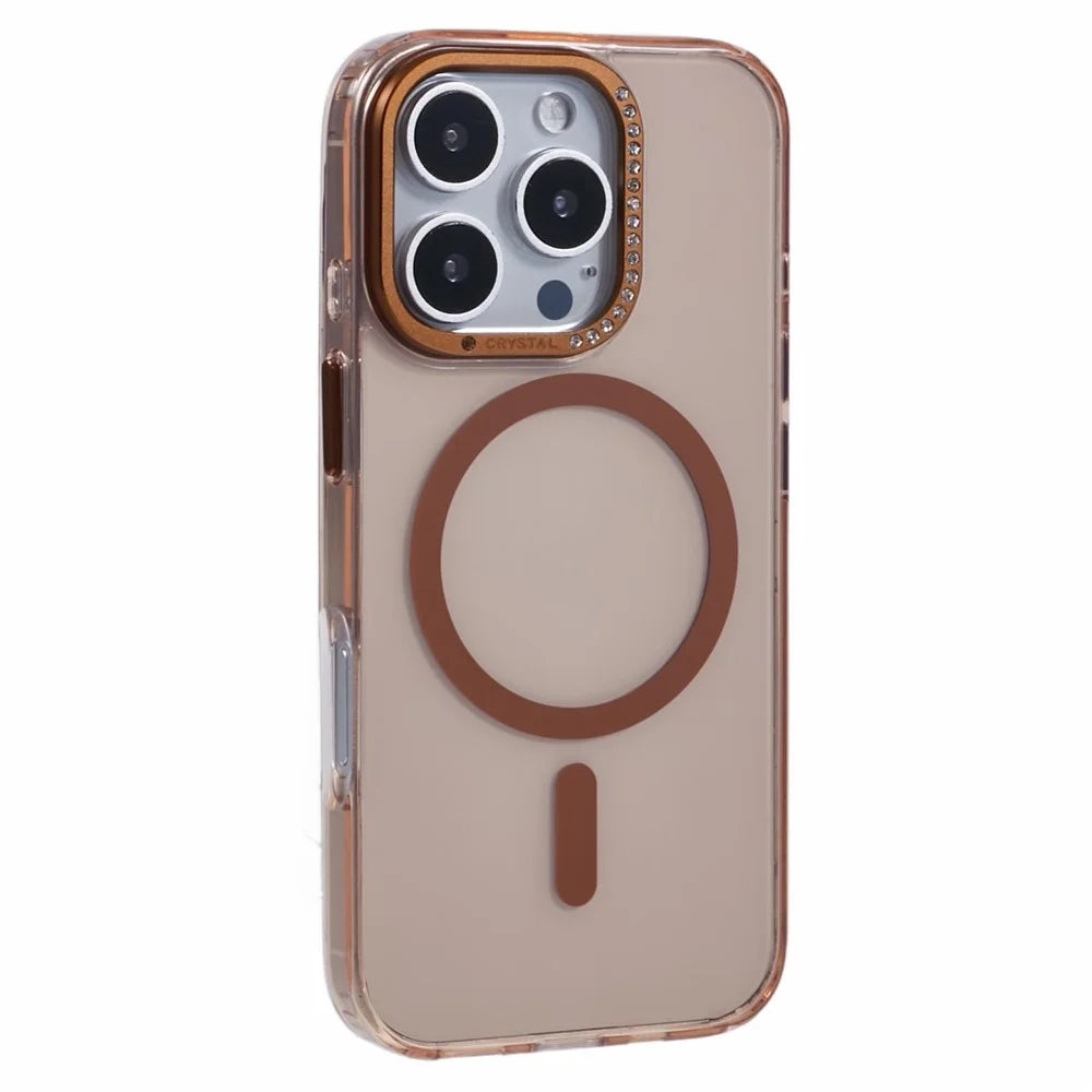 For iPhone 16 Pro Case Compatible with MagSafe TPU+PC Phone Back Cover Rhinestone Decor - Transparent Gold - 1