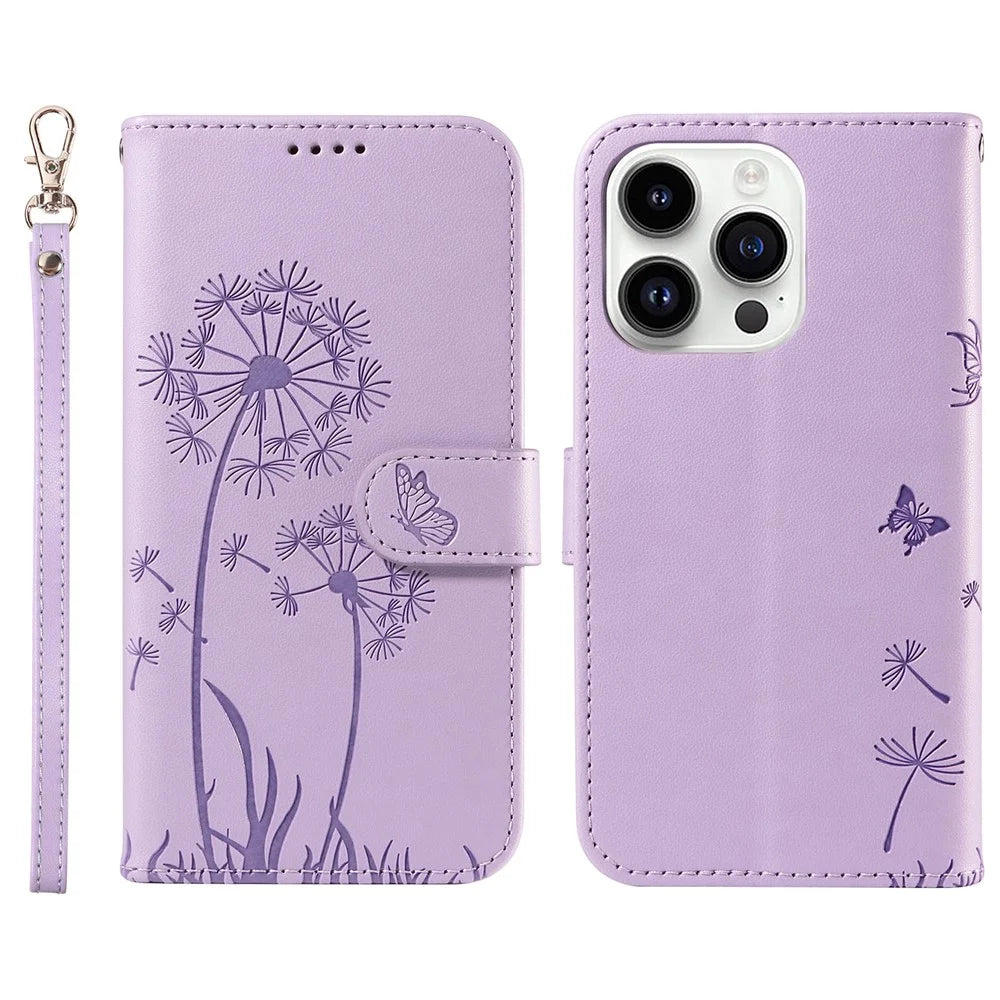 For iPhone 14 Pro Leather Case Wallet Phone Cover Dandelion Imprint - Light Purple - 1