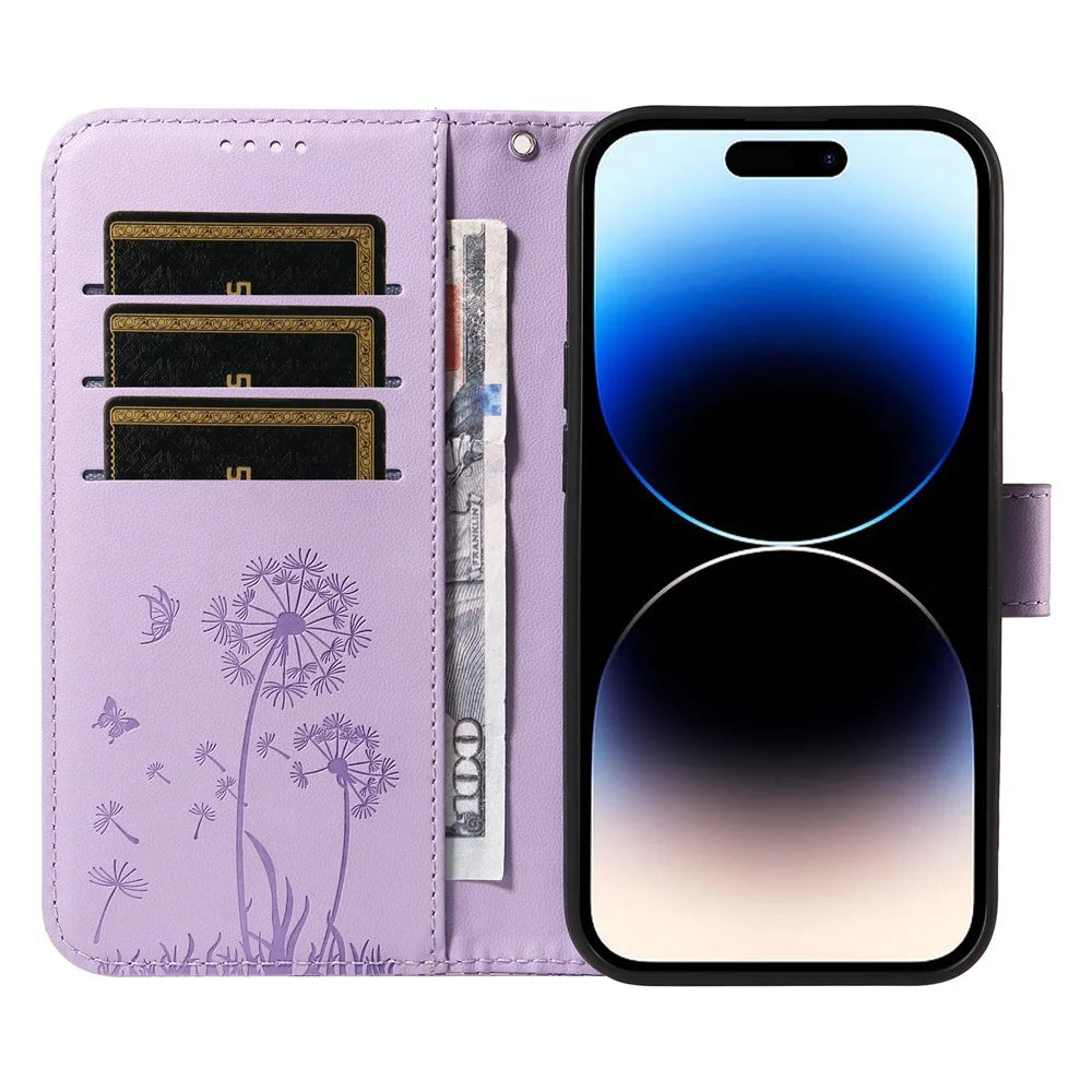 For iPhone 14 Pro Leather Case Wallet Phone Cover Dandelion Imprint - Light Purple - 2