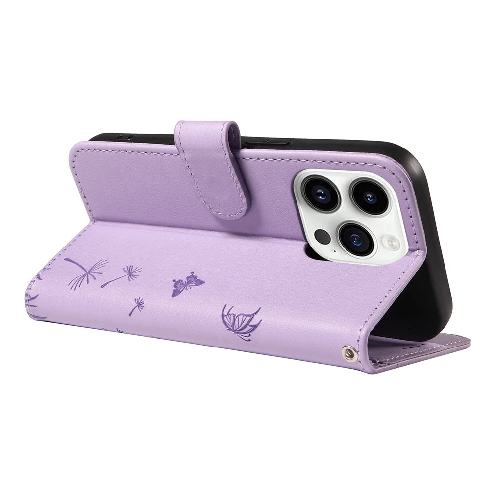 For iPhone 14 Pro Leather Case Wallet Phone Cover Dandelion Imprint - Light Purple - 4