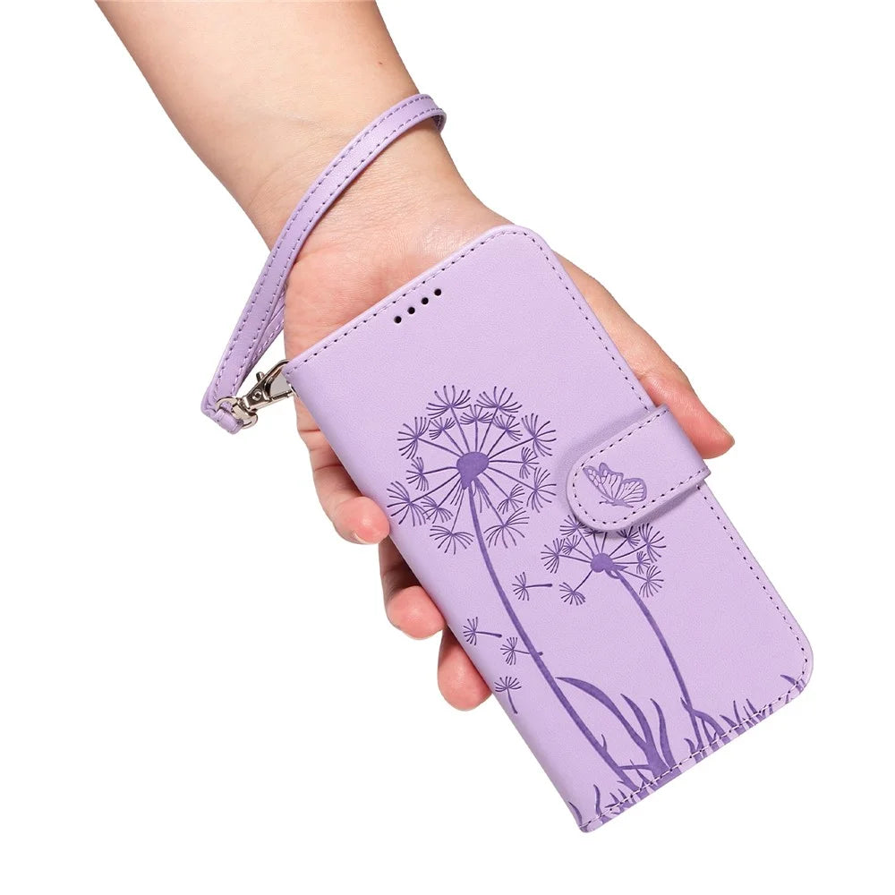 For iPhone 14 Pro Leather Case Wallet Phone Cover Dandelion Imprint - Light Purple - 5