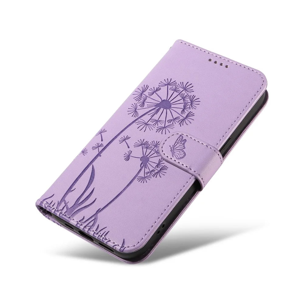 For iPhone 14 Pro Leather Case Wallet Phone Cover Dandelion Imprint - Light Purple - 6