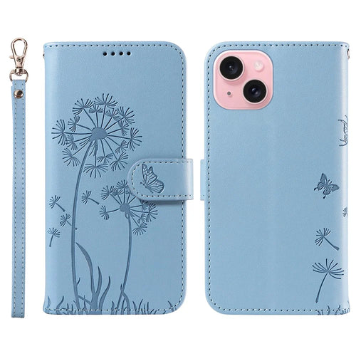 For iPhone 15 Leather Case Wallet Phone Cover Dandelion Imprint - Sky Blue - 1