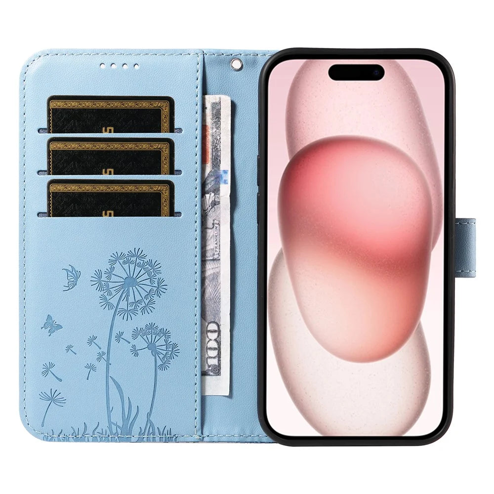 For iPhone 15 Leather Case Wallet Phone Cover Dandelion Imprint - Sky Blue - 2