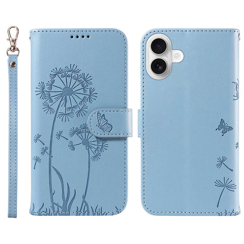 For iPhone 16 Leather Case Wallet Phone Cover Dandelion Imprint - Sky Blue - 1