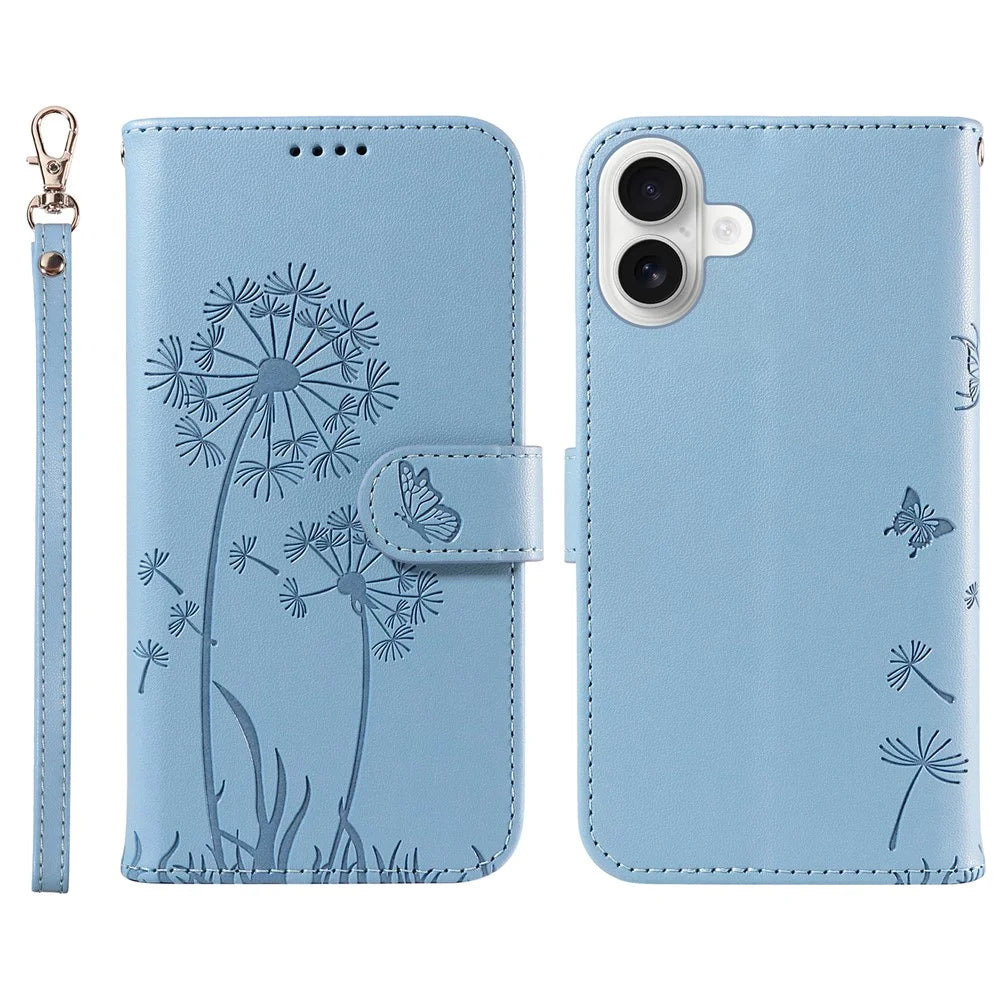 For iPhone 16 Leather Case Wallet Phone Cover Dandelion Imprint - Sky Blue - 1