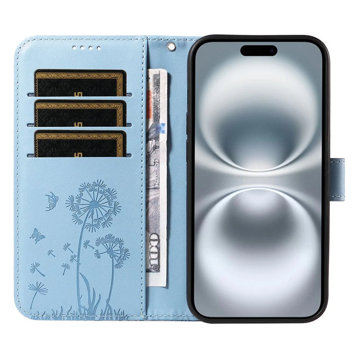 For iPhone 16 Leather Case Wallet Phone Cover Dandelion Imprint - Sky Blue - 2