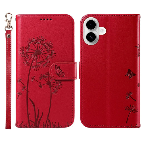 For iPhone 16 Plus Leather Case Wallet Phone Cover Dandelion Imprint - Red - 1