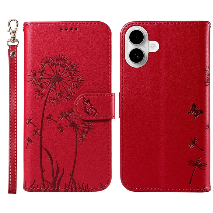 For iPhone 16 Plus Leather Case Wallet Phone Cover Dandelion Imprint - Red - 1
