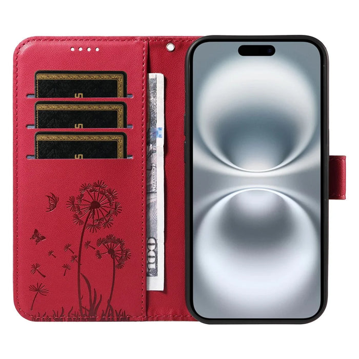 For iPhone 16 Plus Leather Case Wallet Phone Cover Dandelion Imprint - Red - 2