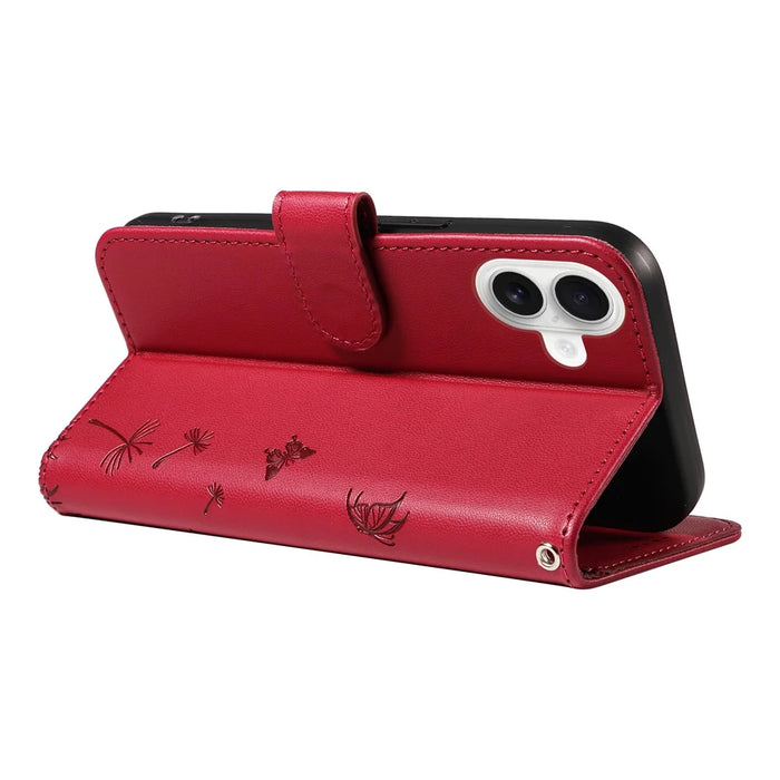 For iPhone 16 Plus Leather Case Wallet Phone Cover Dandelion Imprint - Red - 4