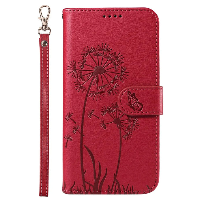 For iPhone 16 Plus Leather Case Wallet Phone Cover Dandelion Imprint - Red - 7