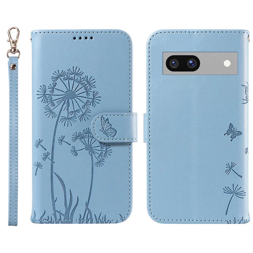 For Google Pixel 7a Leather Case Wallet Phone Cover Dandelion Imprint - Sky Blue - 1