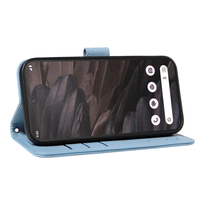 For Google Pixel 7a Leather Case Wallet Phone Cover Dandelion Imprint - Sky Blue - 3