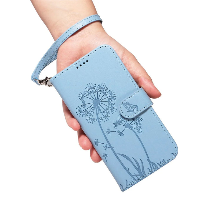 For Google Pixel 7a Leather Case Wallet Phone Cover Dandelion Imprint - Sky Blue - 5