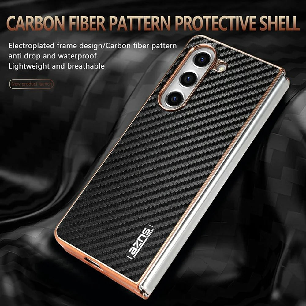 AZNS For Samsung Galaxy Z Fold5 5G Case Electroplating Carbon Fiber Texture PU+TPU Phone Cover - Black - 3