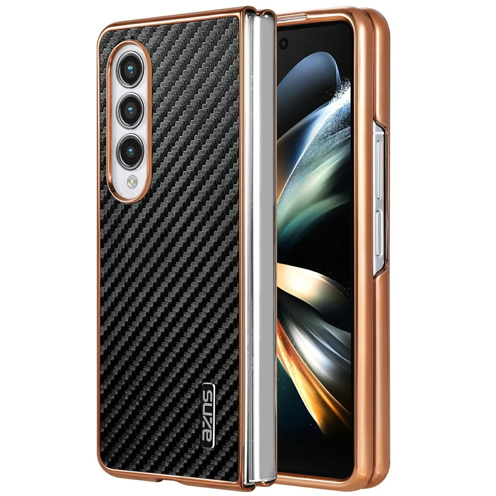 AZNS For Samsung Galaxy Z Fold4 5G Case Electroplating Carbon Fiber Texture PU+TPU Phone Cover - Black - 1