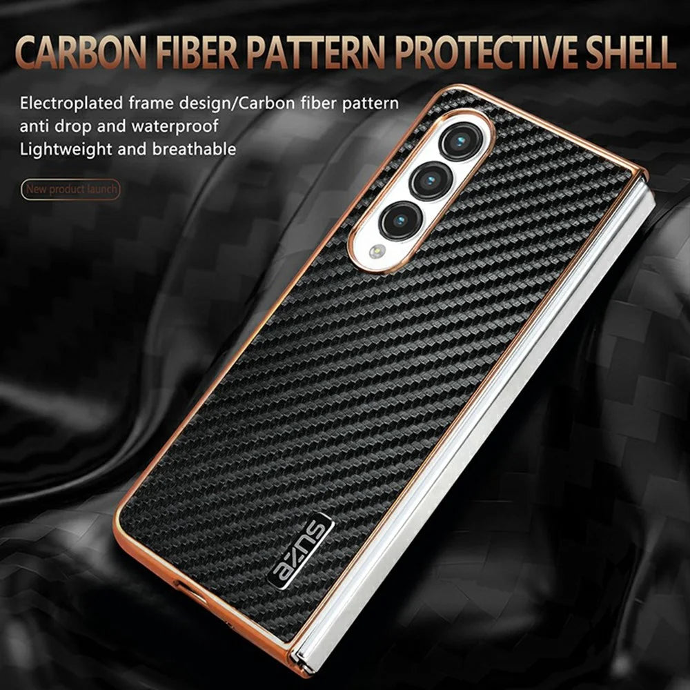 AZNS For Samsung Galaxy Z Fold4 5G Case Electroplating Carbon Fiber Texture PU+TPU Phone Cover - Black - 3