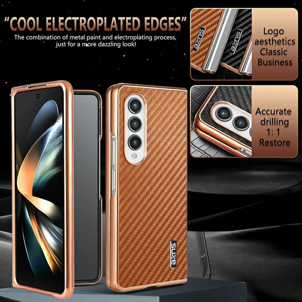 AZNS For Samsung Galaxy Z Fold4 5G Case Electroplating Carbon Fiber Texture PU+TPU Phone Cover - Black - 4