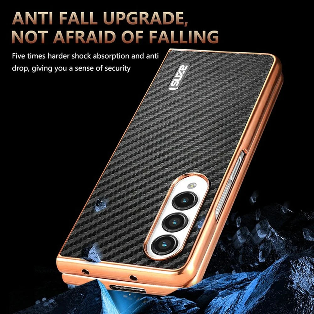 AZNS For Samsung Galaxy Z Fold4 5G Case Electroplating Carbon Fiber Texture PU+TPU Phone Cover - Black - 5