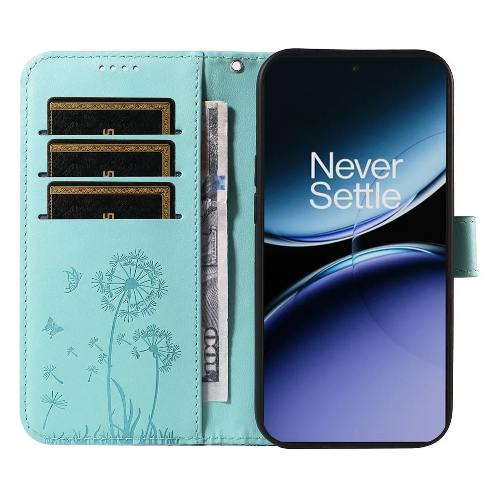 For OnePlus Nord 4 Leather Case Wallet Phone Cover Dandelion Imprint - Green - 2