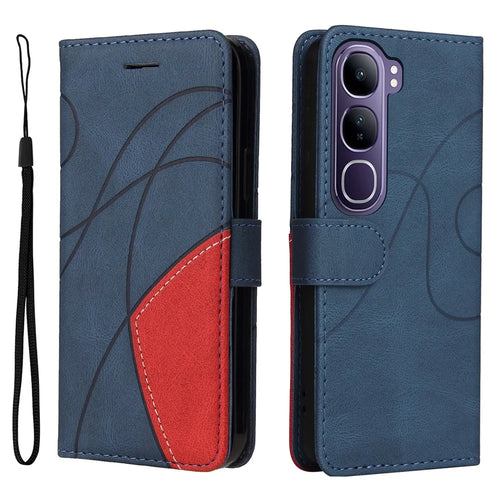 For vivo V40 Lite (Indonesia) 5G / V40 Lite (Indonesia) 4G Leather Case Wallet Stand Color Splicing Phone Cover - Blue - 1