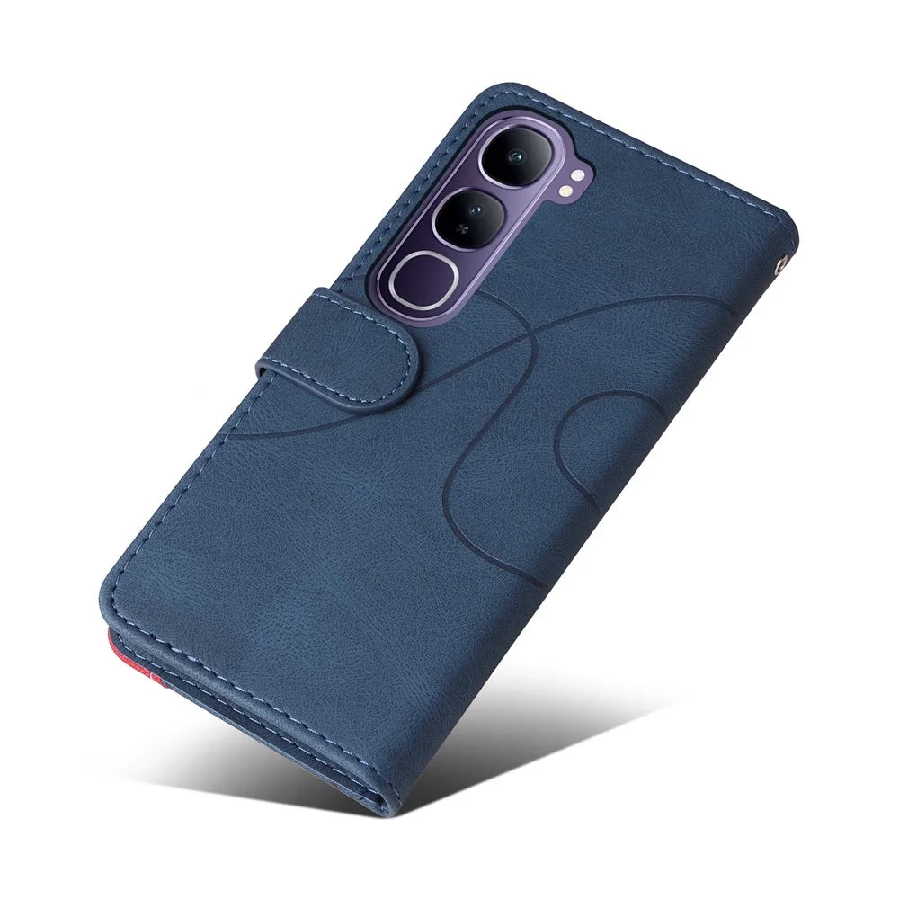 For vivo V40 Lite (Indonesia) 5G / V40 Lite (Indonesia) 4G Leather Case Wallet Stand Color Splicing Phone Cover - Blue - 6