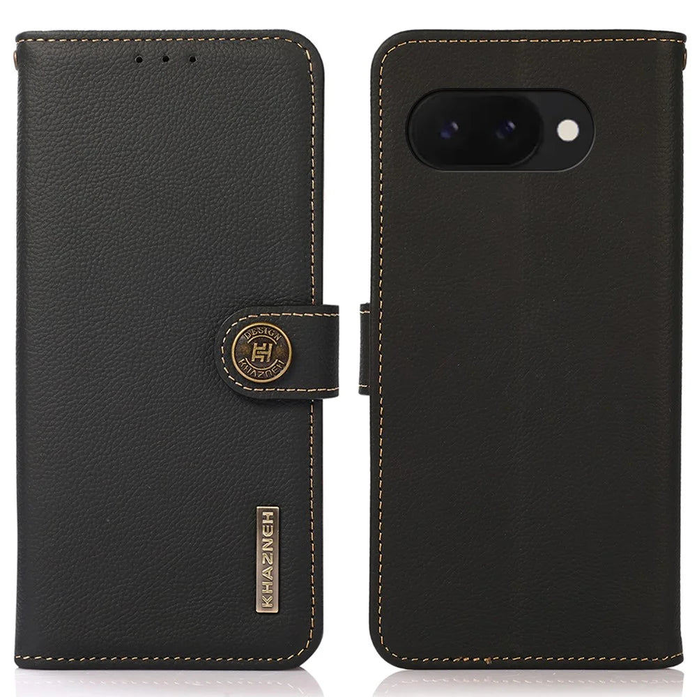 KHAZNEH For Google Pixel 9a Case Genuine Cow Leather RFID Blocking Wallet Phone Cover - Black - 1