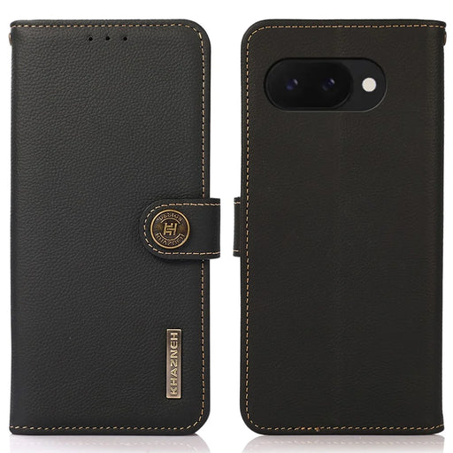 KHAZNEH For Google Pixel 9a Case Genuine Cow Leather RFID Blocking Wallet Phone Cover - Black - 1