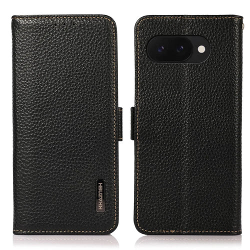KHAZNEH For Google Pixel 9a Phone Case Genuine Cow Leather Cover RFID Blocking - Black - 1