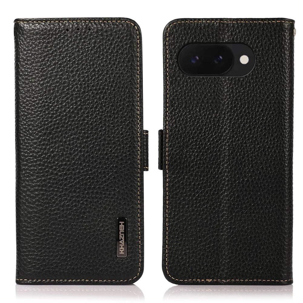 KHAZNEH For Google Pixel 9a Phone Case Genuine Cow Leather Cover RFID Blocking - Black - 1