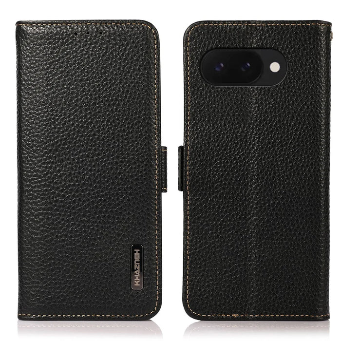 KHAZNEH For Google Pixel 9a Phone Case Genuine Cow Leather Cover RFID Blocking - Black - 1