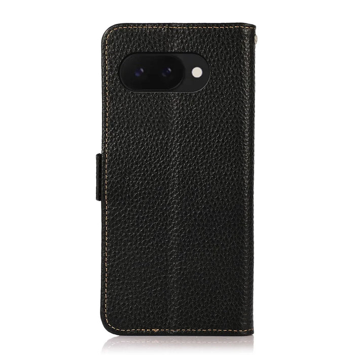 KHAZNEH For Google Pixel 9a Phone Case Genuine Cow Leather Cover RFID Blocking - Black - 7