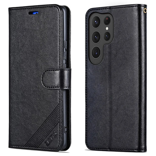 AZNS For Samsung Galaxy S25 Ultra Case Anti-Scratch PU Leather Stand Wallet Phone Cover - Black - 1