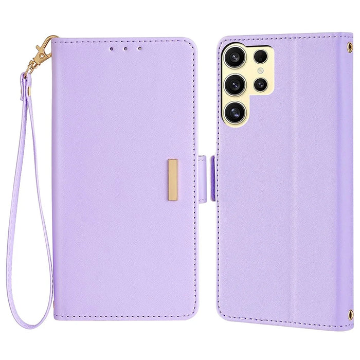 For Samsung Galaxy S24 Ultra Leather Wallet Case RFID Blocking Stand Cover with Hand Strap - Purple - 1