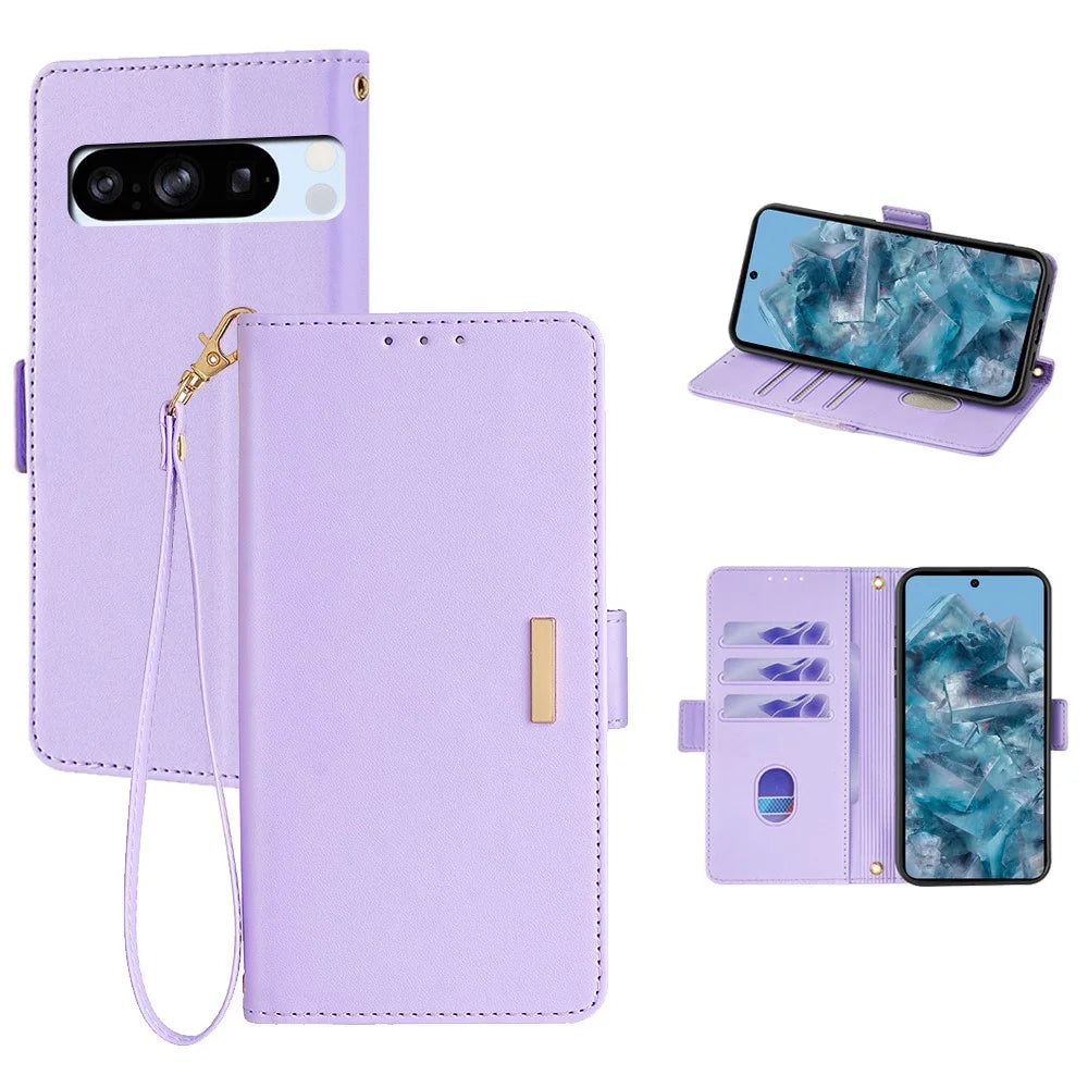 For Google Pixel 8 Pro Leather Wallet Case RFID Blocking Stand Cover with Hand Strap - Purple - 1