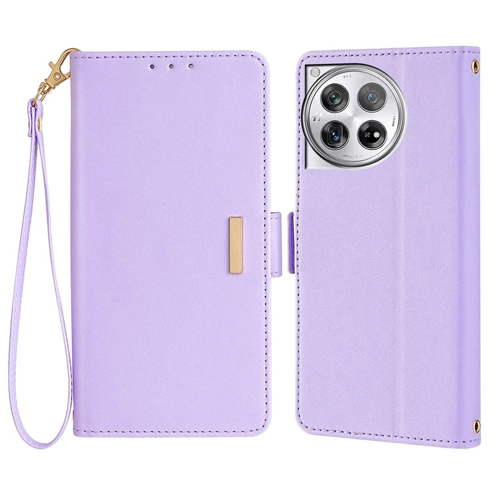 For OnePlus 12 5G Leather Wallet Case RFID Blocking Stand Cover with Hand Strap - Purple - 1