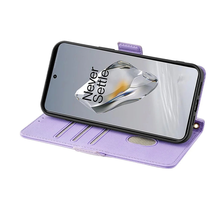 For OnePlus 12 5G Leather Wallet Case RFID Blocking Stand Cover with Hand Strap - Purple - 3