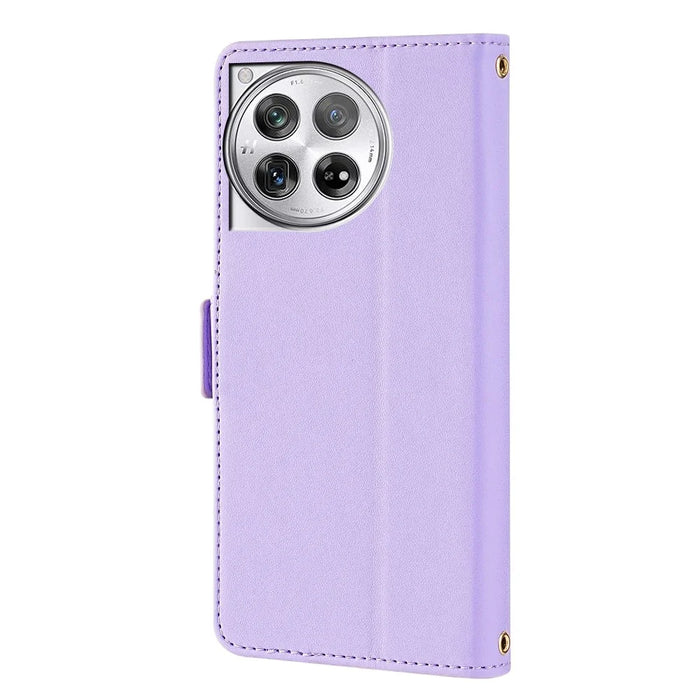 For OnePlus 12 5G Leather Wallet Case RFID Blocking Stand Cover with Hand Strap - Purple - 7