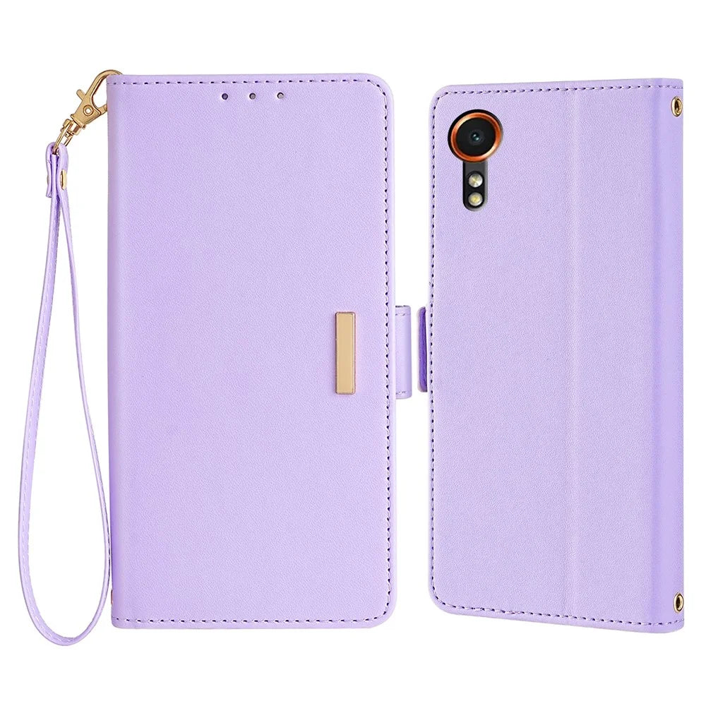 For Samsung Galaxy Xcover7 Leather Wallet Case RFID Blocking Stand Cover with Hand Strap - Purple - 1