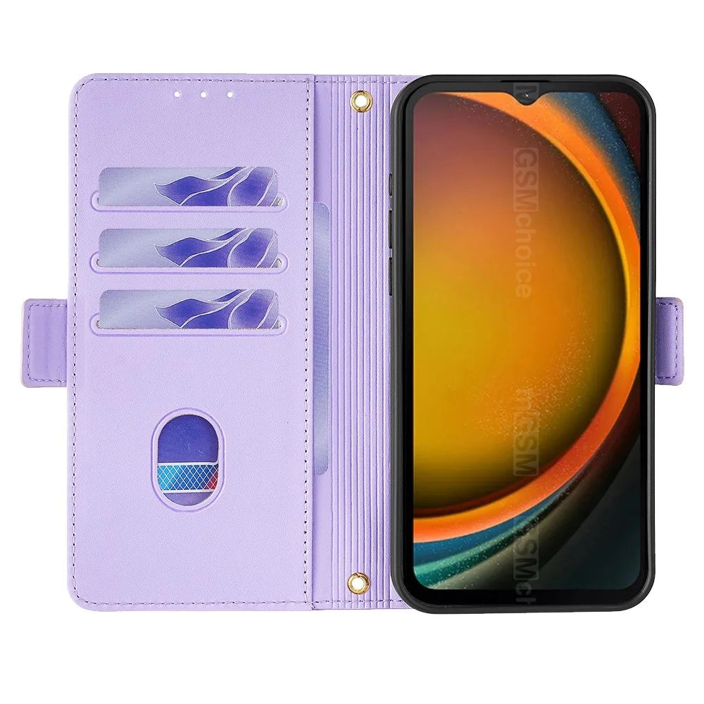 For Samsung Galaxy Xcover7 Leather Wallet Case RFID Blocking Stand Cover with Hand Strap - Purple - 2