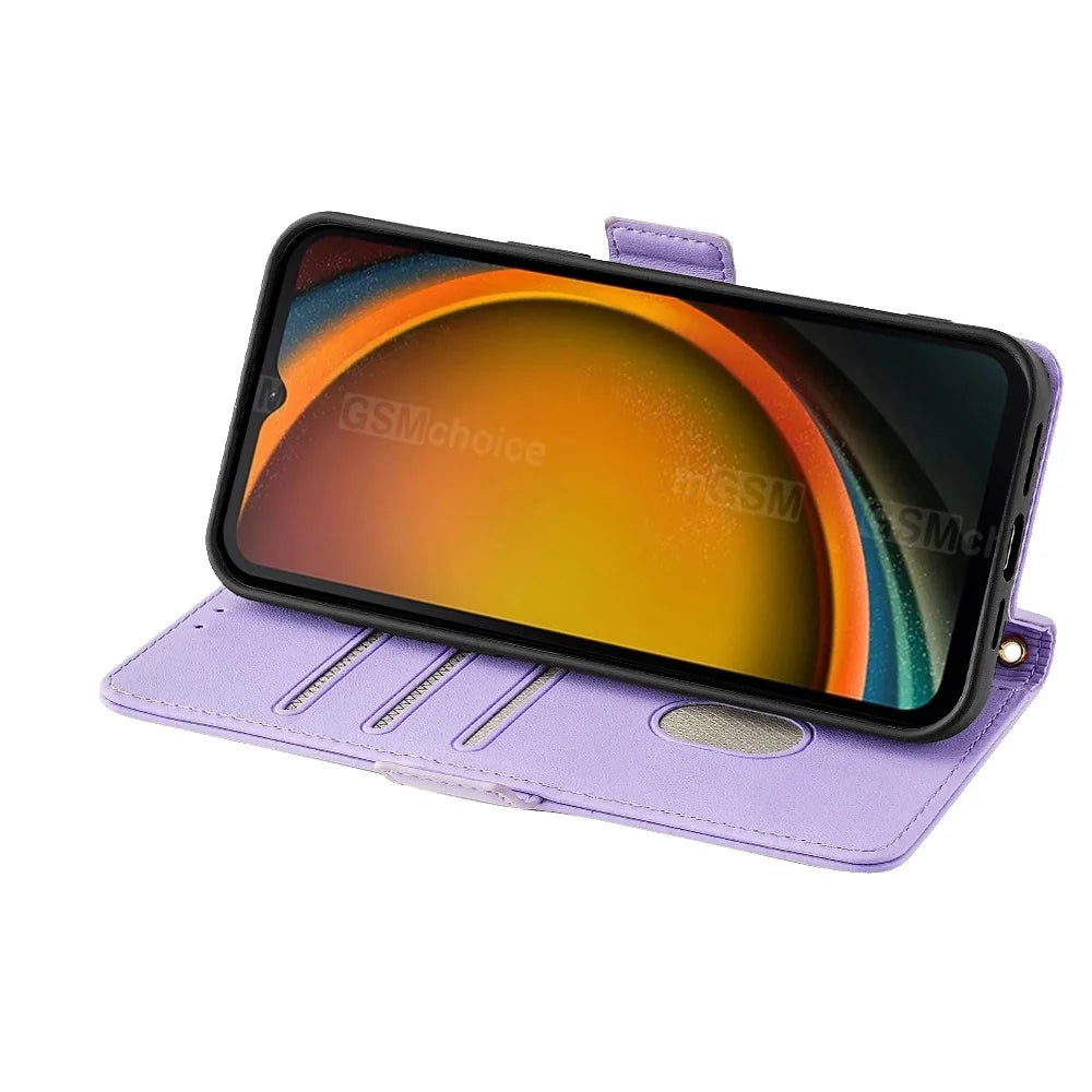 For Samsung Galaxy Xcover7 Leather Wallet Case RFID Blocking Stand Cover with Hand Strap - Purple - 3