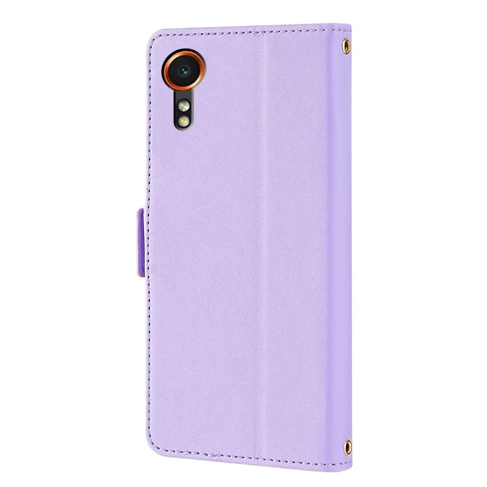 For Samsung Galaxy Xcover7 Leather Wallet Case RFID Blocking Stand Cover with Hand Strap - Purple - 7