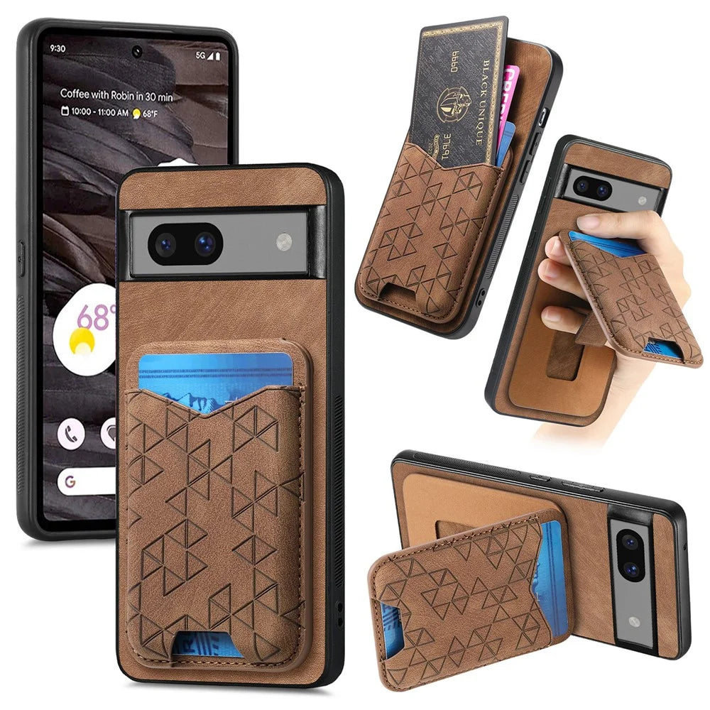 For Google Pixel 7a Case Imprinted Pattern Card Holder Kickstand Leather Back Cover - Brown - 1