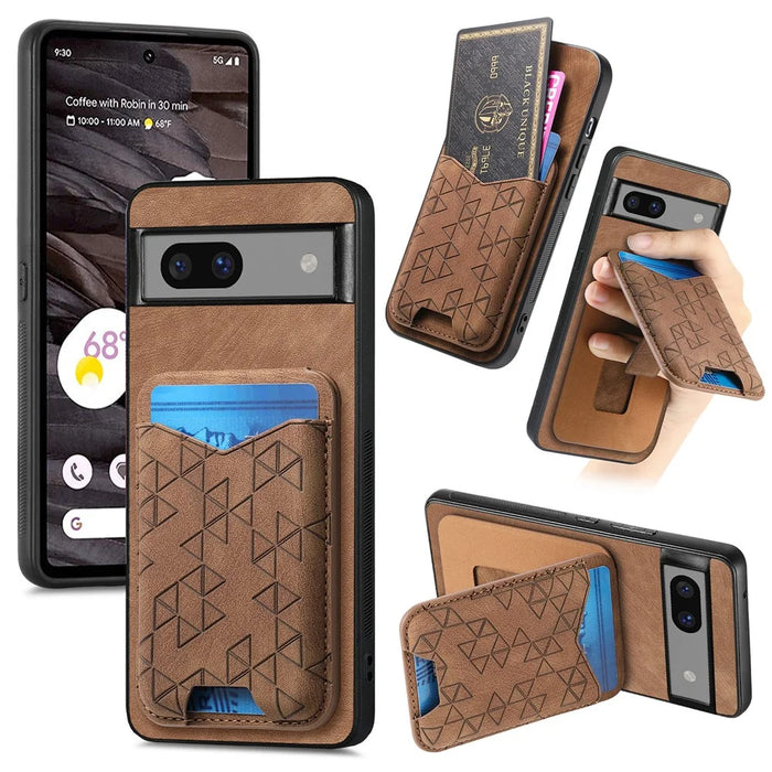 For Google Pixel 7a Case Imprinted Pattern Card Holder Kickstand Leather Back Cover - Brown - 1