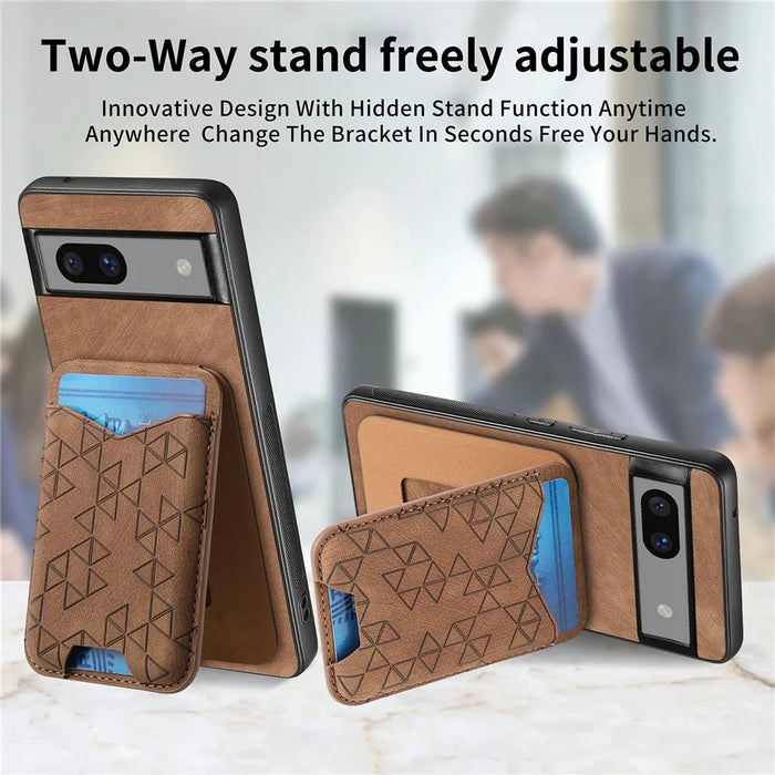 For Google Pixel 7a Case Imprinted Pattern Card Holder Kickstand Leather Back Cover - Brown - 5