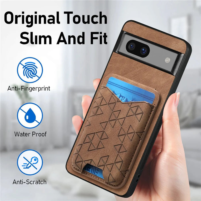 For Google Pixel 7a Case Imprinted Pattern Card Holder Kickstand Leather Back Cover - Brown - 7