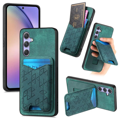 For Samsung Galaxy A54 5G Case Imprinted Pattern Card Holder Kickstand Leather Back Cover - Green - 1