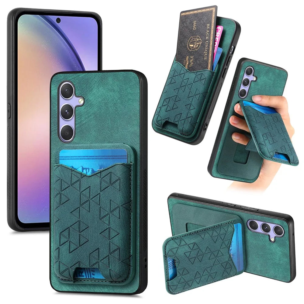 For Samsung Galaxy A54 5G Case Imprinted Pattern Card Holder Kickstand Leather Back Cover - Green - 1